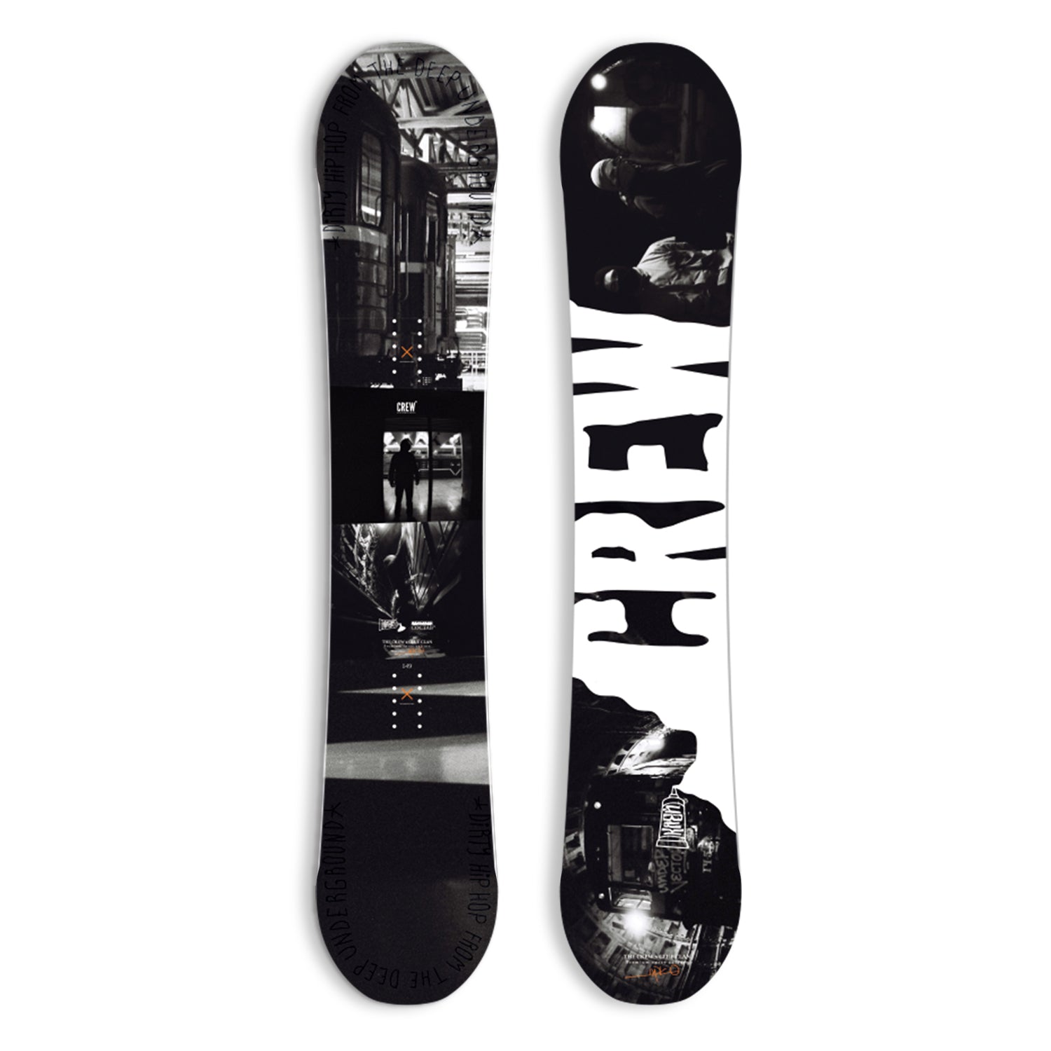 XCMAN Men's Burner All Mountain Snowboard shown from both top and bottom views, featuring a black design and bold white "CREW" branding on the base