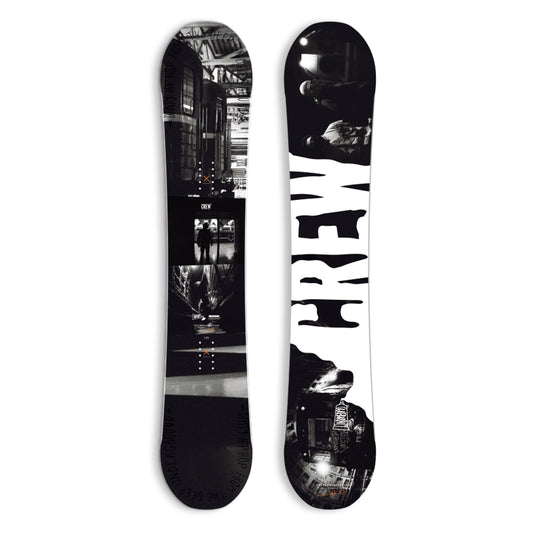 XCMAN Men's Burner All Mountain Snowboard shown from both top and bottom views, featuring a black design and bold white "CREW" branding on the base