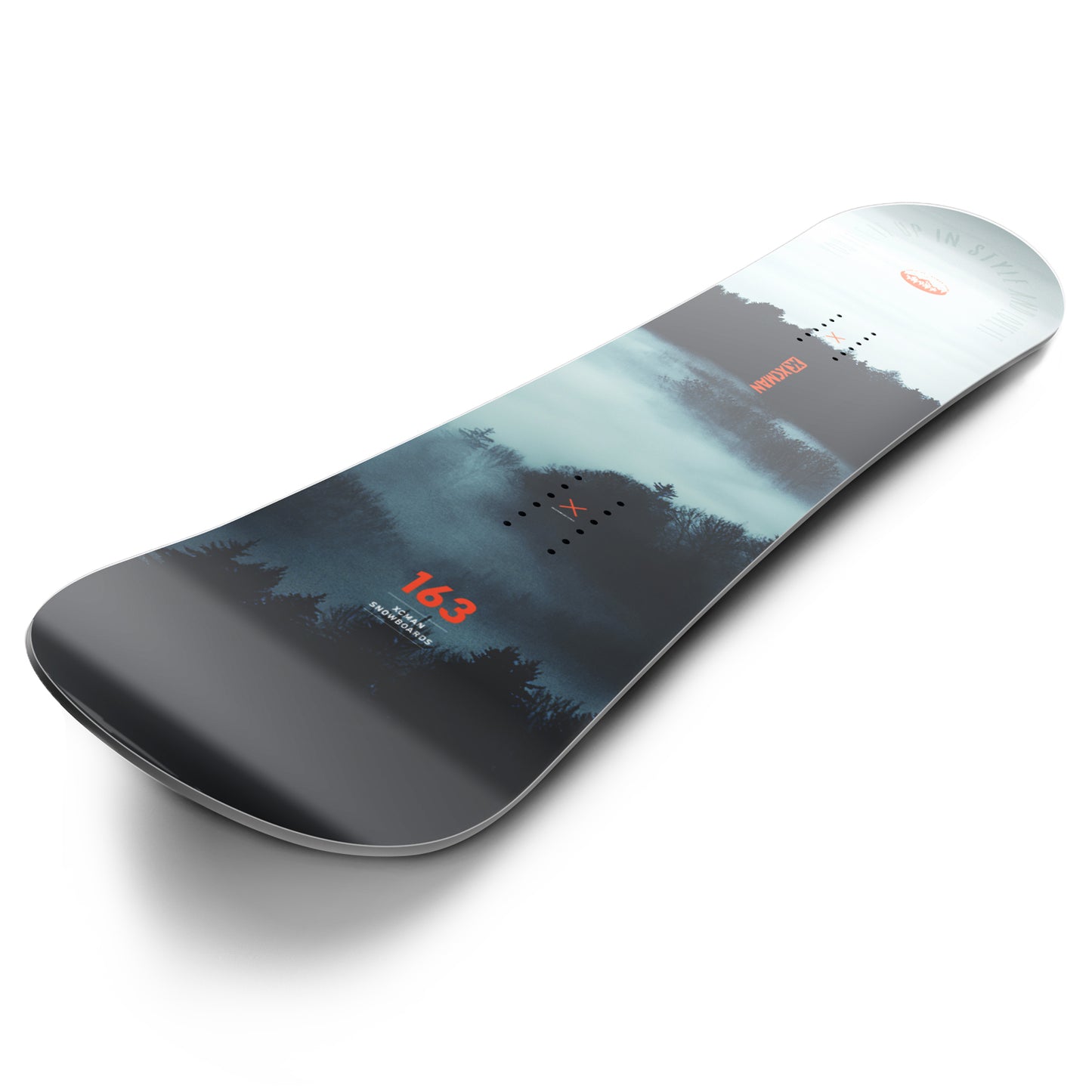 Clean isometric angle view of the XCMAN Men's Cloudy Forest All Mountain Snowboard, highlighting its atmospheric forest artwork and performance profile
