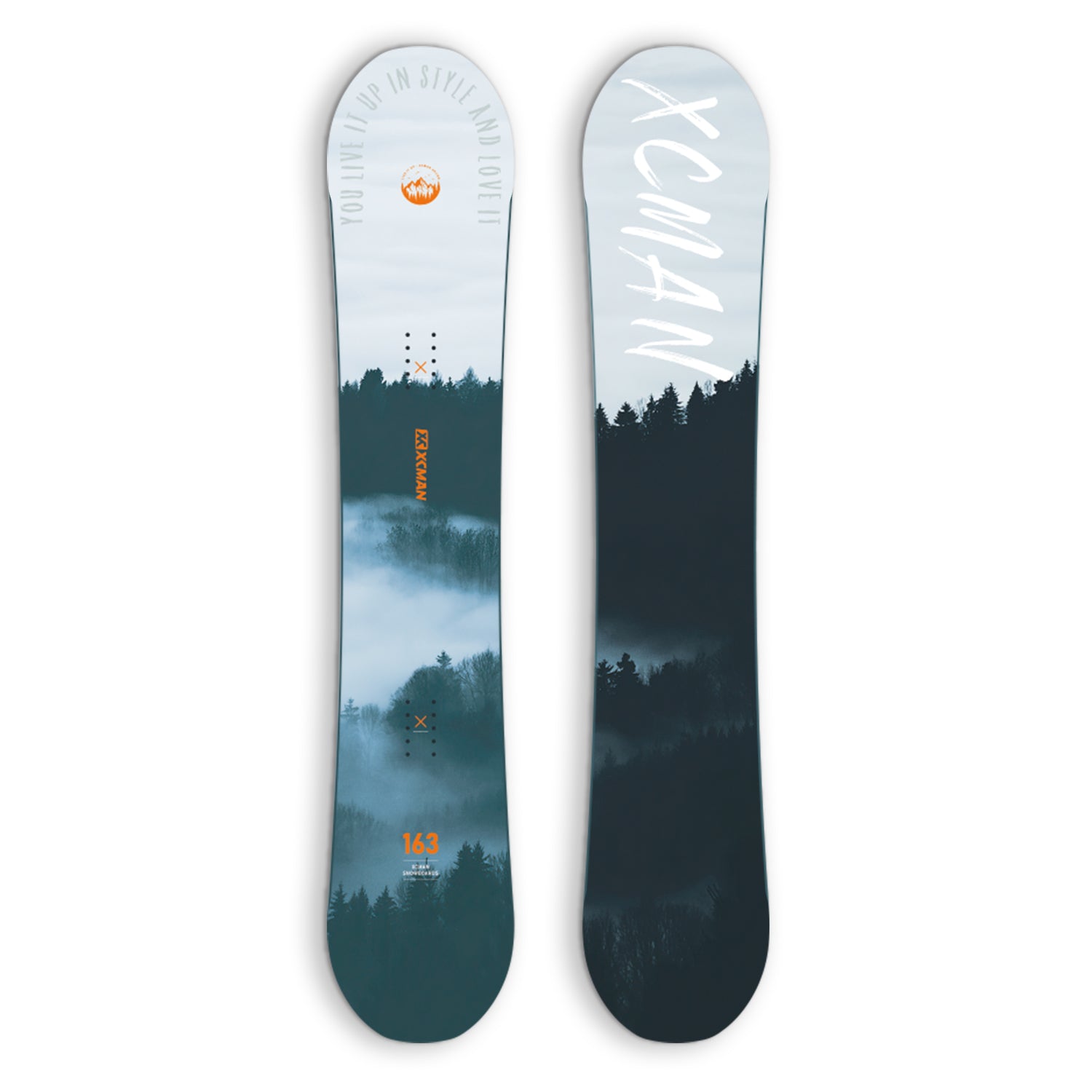 XCMAN Men's Cloudy Forest All Mountain Snowboard shown from both top and bottom views, featuring a foggy forest topsheet graphic and sleek base design