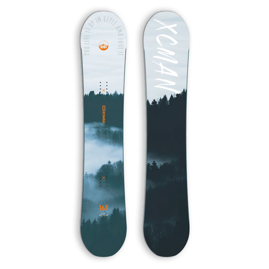 XCMAN Men's Cloudy Forest All Mountain Snowboard shown from both top and bottom views, featuring a foggy forest topsheet graphic and sleek base design