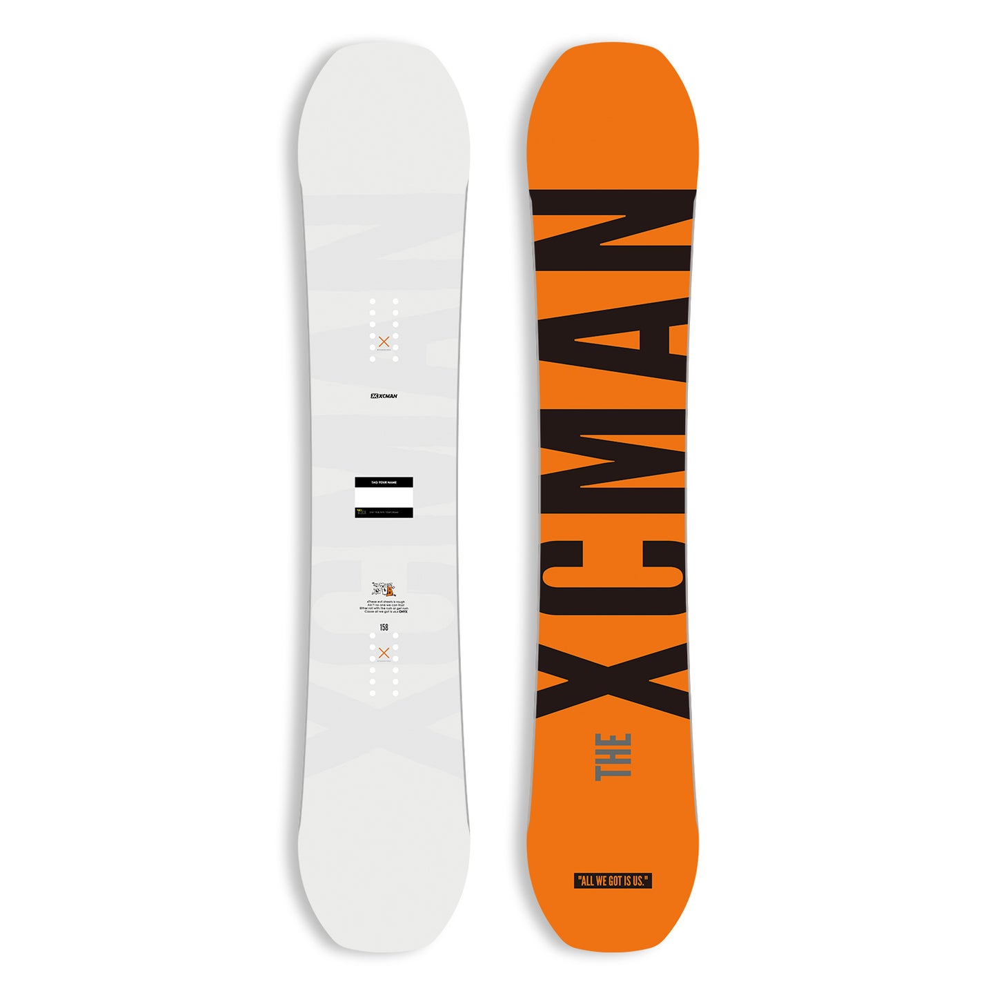 XCMAN Men's Concrete Haze All Mountain Snowboard top and bottom graphic view in white and orange