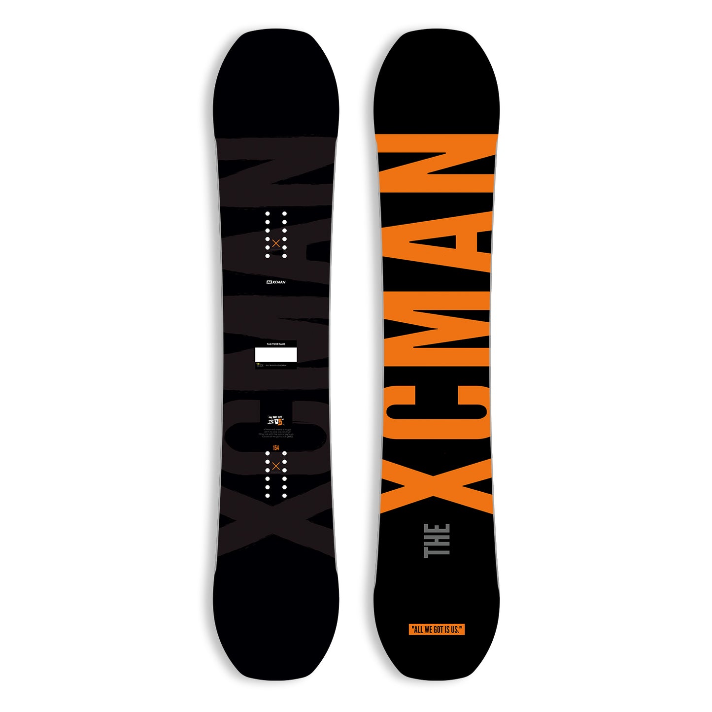 XCMAN Men's Ember Nocturne Snowboard top and bottom graphic view in black and orange