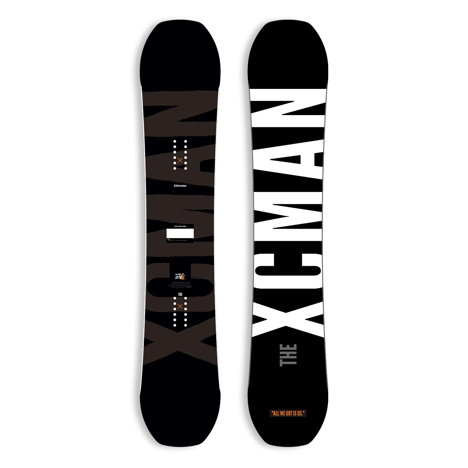 XCMAN Men's Monochrome Cosmos All Mountain Snowboard top and bottom graphic view in black and white