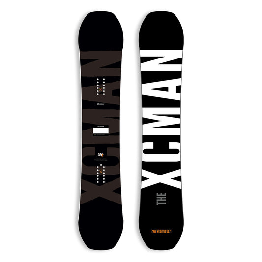 XCMAN Men's Monochrome Cosmos All Mountain Snowboard top and bottom graphic view in black and white