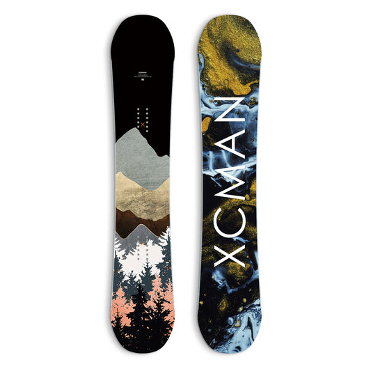 XCMAN Men's Monsoon Inkblot All Mountain Snowboard top and bottom graphic view featuring mountain forest and inkblot designs