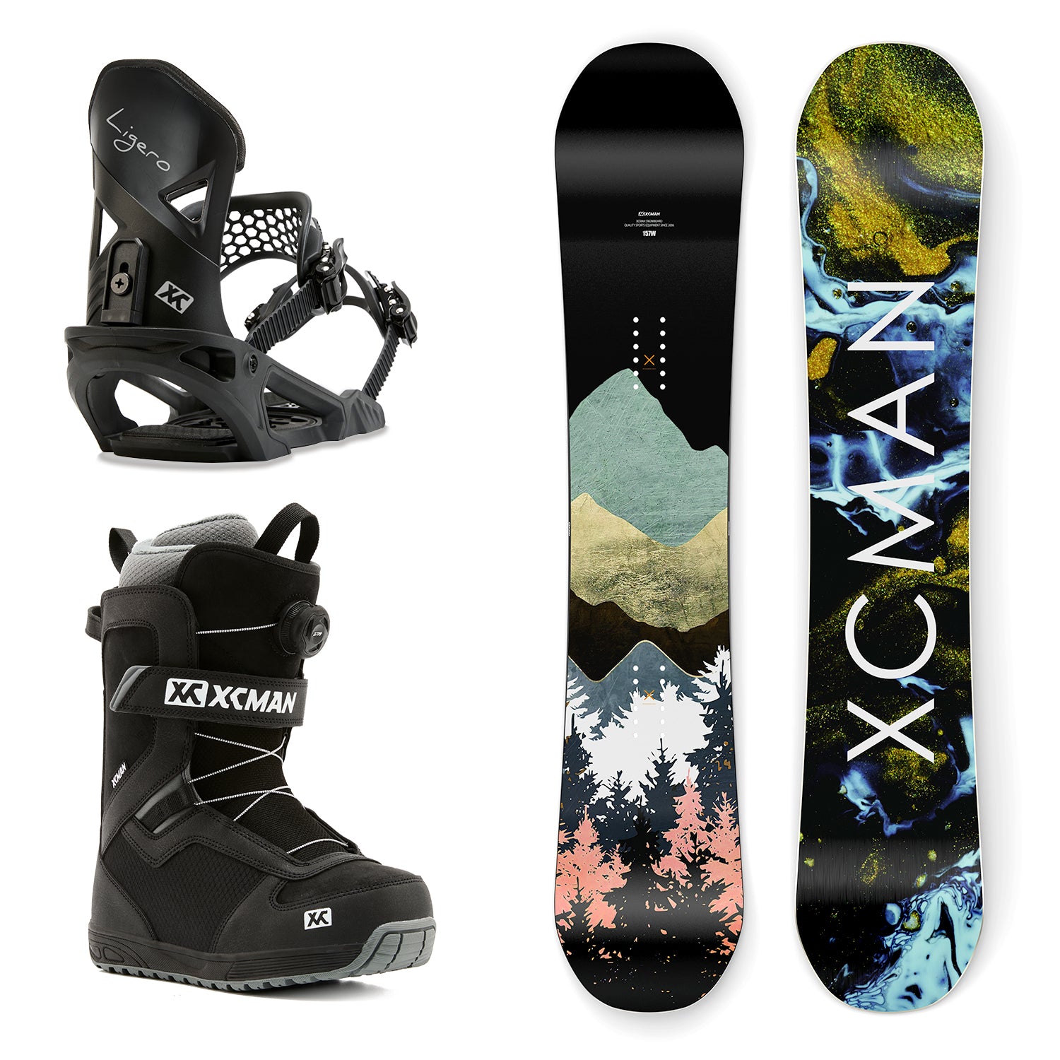 XCMAN Men's Monsoon Inkblot Snowboard Package featuring the Monsoon Inkblot snowboard, Ligero bindings, and Nox-II boots