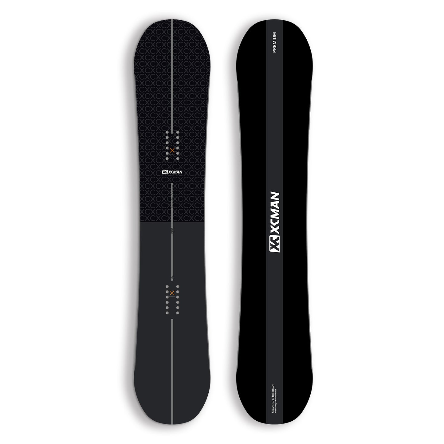 XCMAN Men's Quantum Fissure All Mountain Snowboard top and bottom graphic view in black