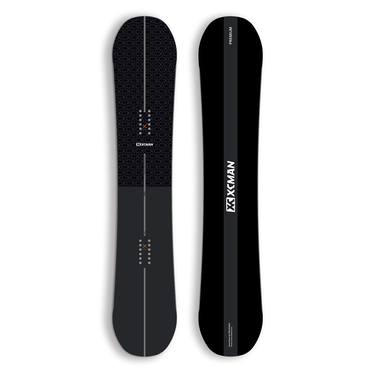 XCMAN Men's Quantum Fissure All Mountain Snowboard top and bottom graphic view in black