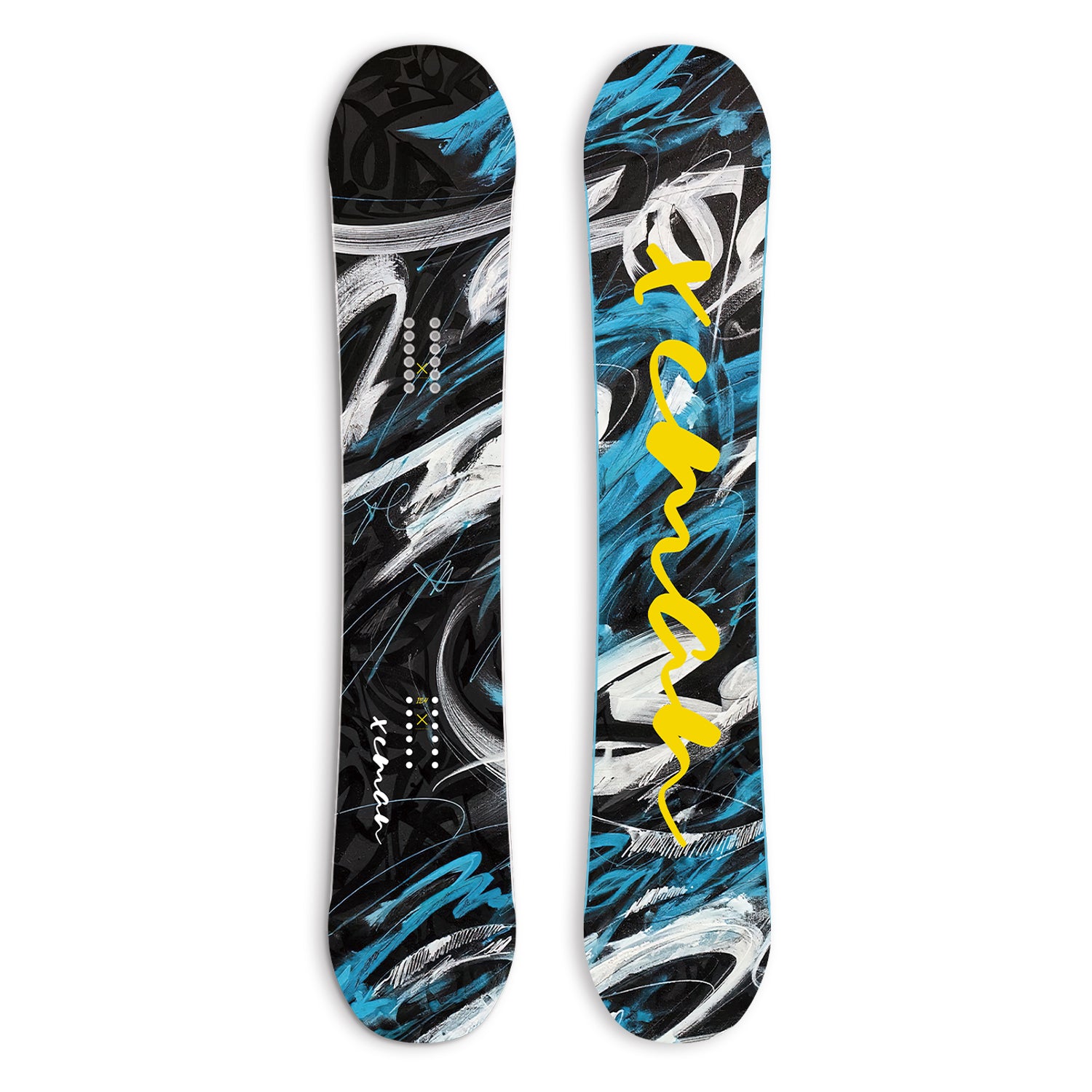 XCMAN Men's Snowstorm Night All Mountain Snowboard top and bottom graphic view with artistic brushstroke patterns
