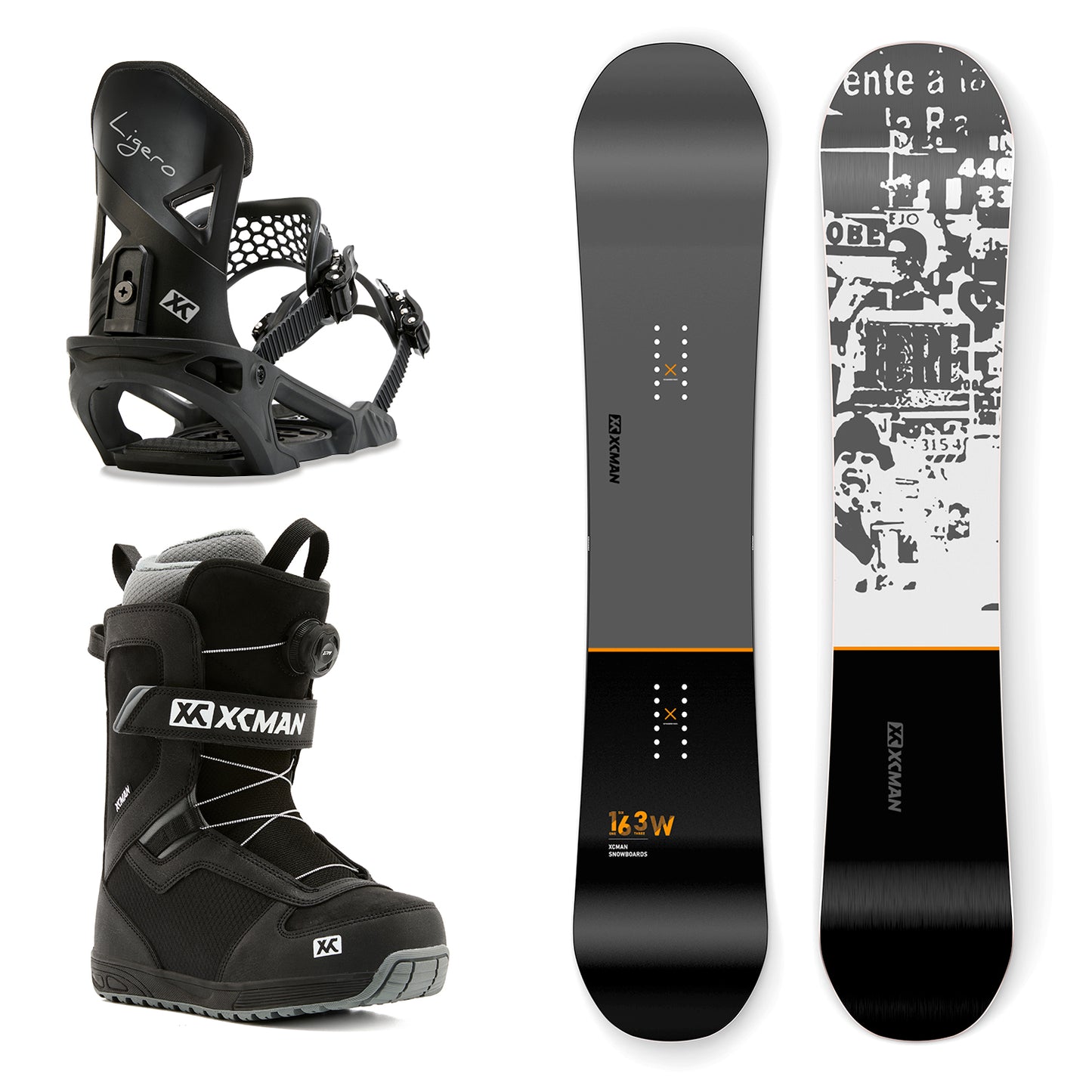 XCMAN Men's The Lost Era Snowboard Package including the snowboard, Ligero bindings, and Nox-II boots
