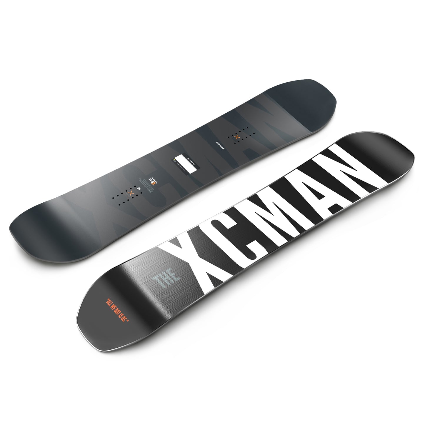 Angled view of the XCMAN Monochrome Cosmos snowboard