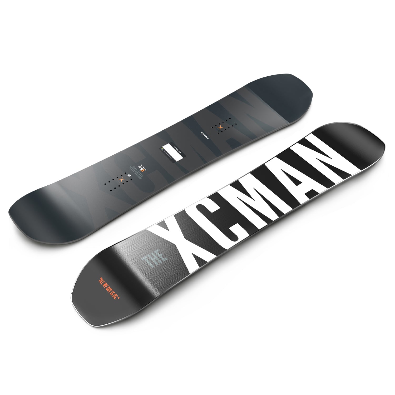 Angled view of the XCMAN Monochrome Cosmos snowboard