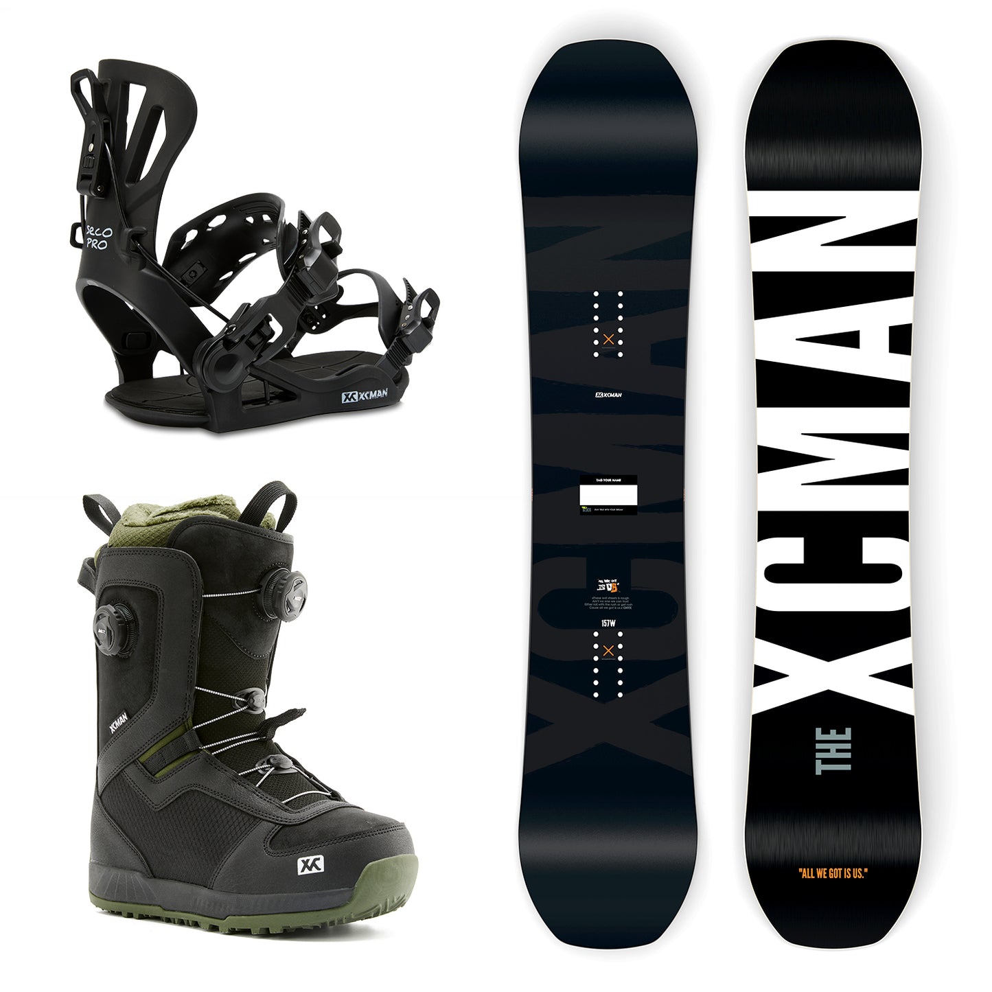 XCMAN Monochrome Cosmos Snowboard Package including the snowboard, black 360 Seco Pro bindings, and Nox-I boots