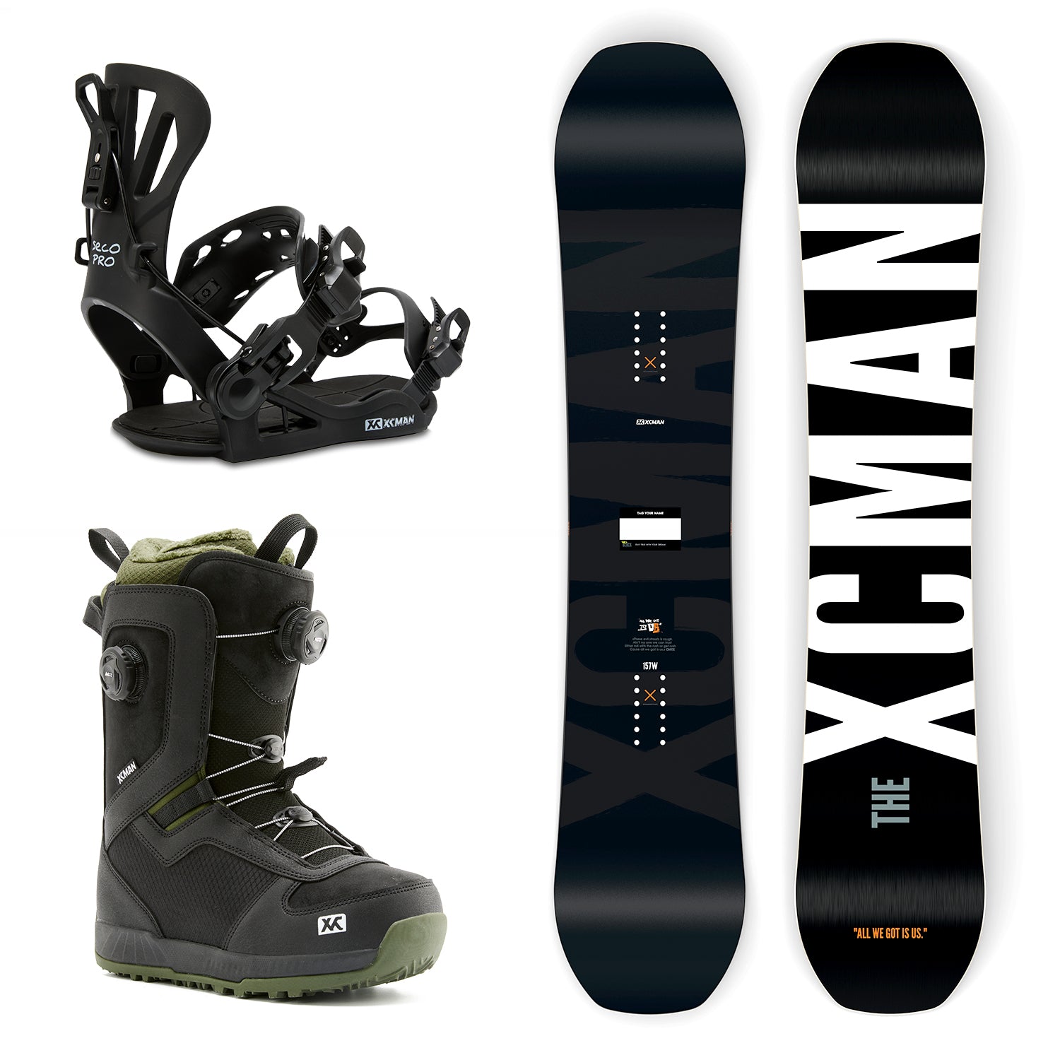 XCMAN Monochrome Cosmos Snowboard Package including the snowboard, black 360 Seco Pro bindings, and Nox-I boots