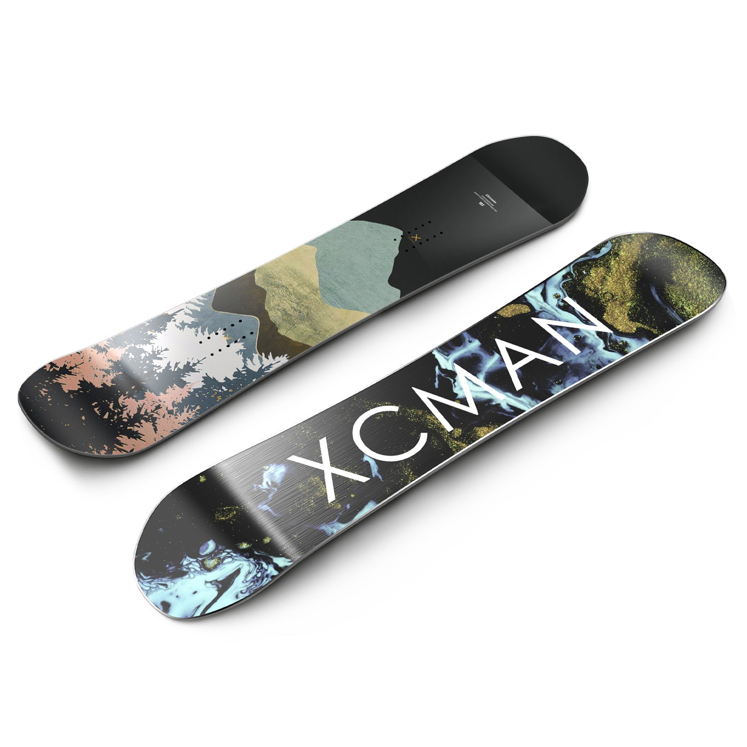 Angled isometric view of the XCMAN Monsoon Inkblot snowboard