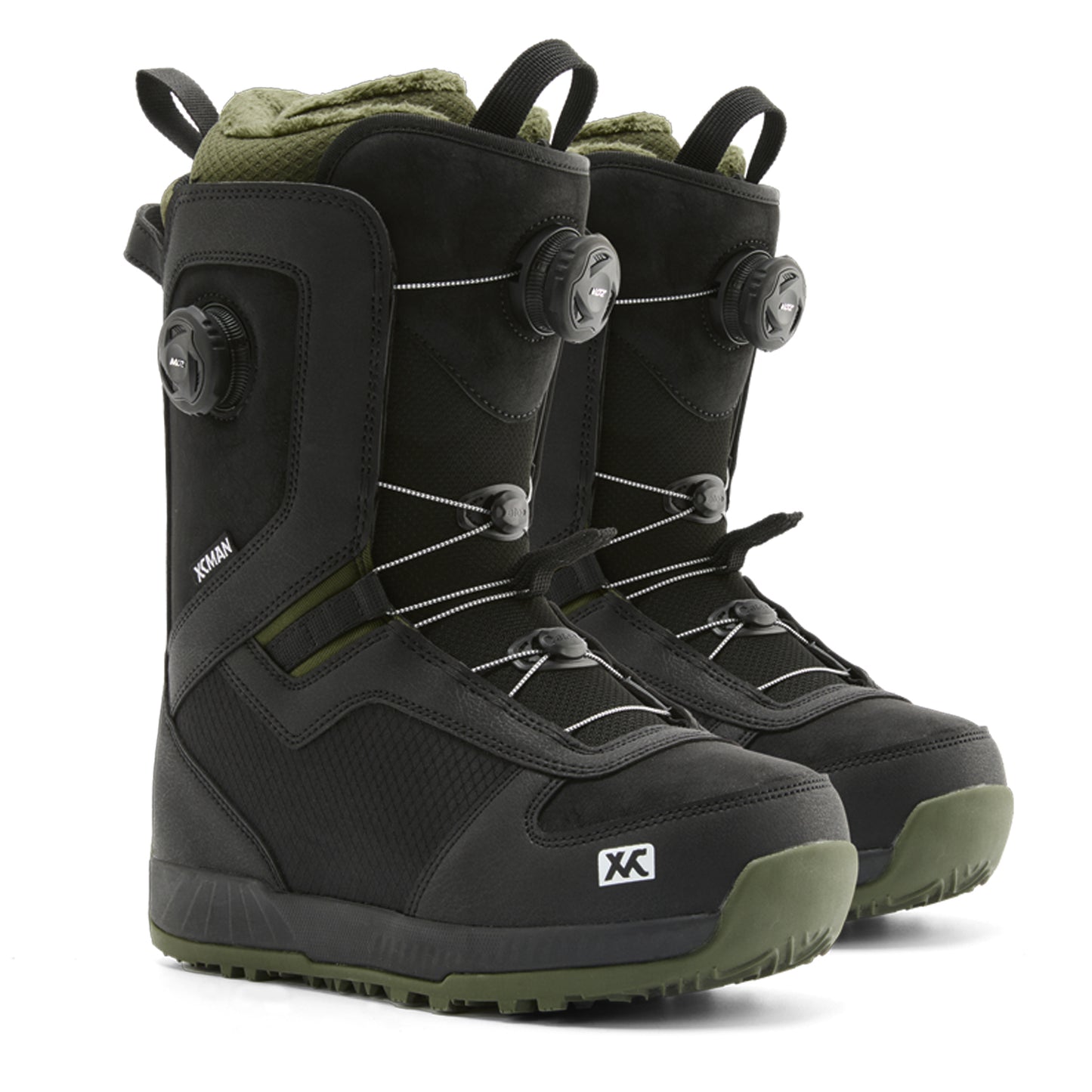 Pair of XCMAN NOX-I All-Mountain Snowboard Boots featuring dual-dial luring system and durable black and olive design