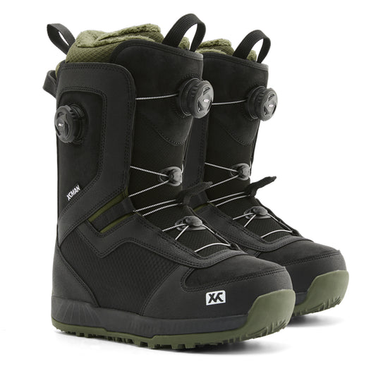 Pair of XCMAN NOX-I All-Mountain Snowboard Boots featuring dual-dial luring system and durable black and olive design