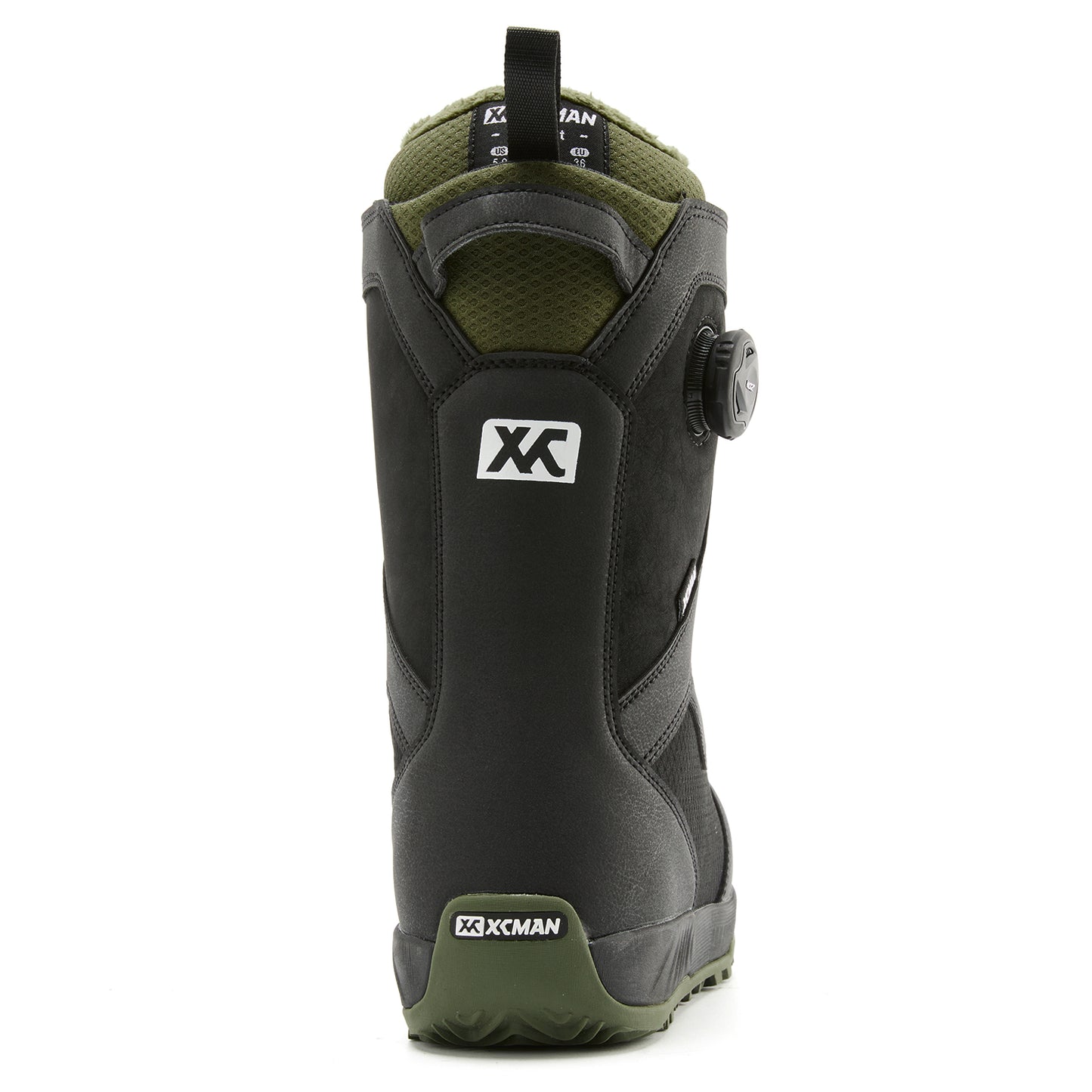 Rear heel view of XCMAN NOX-I snowboard boots highlighting the supportive backstay and dial mechanism