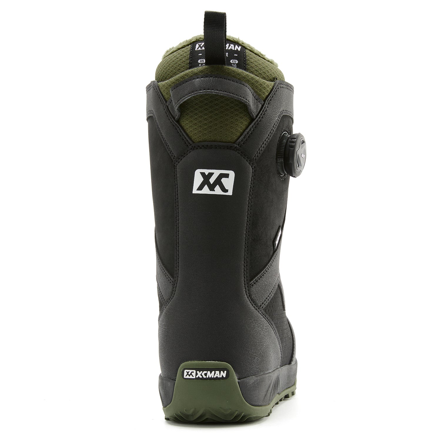 Rear heel view of XCMAN NOX-I snowboard boots highlighting the supportive backstay and dial mechanism
