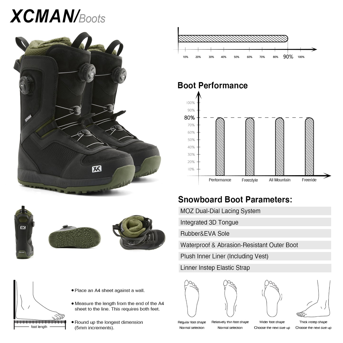 XCMAN NOX-I Snowboard Boots technical performance charts, flex rating, and foot measurement sizing guide