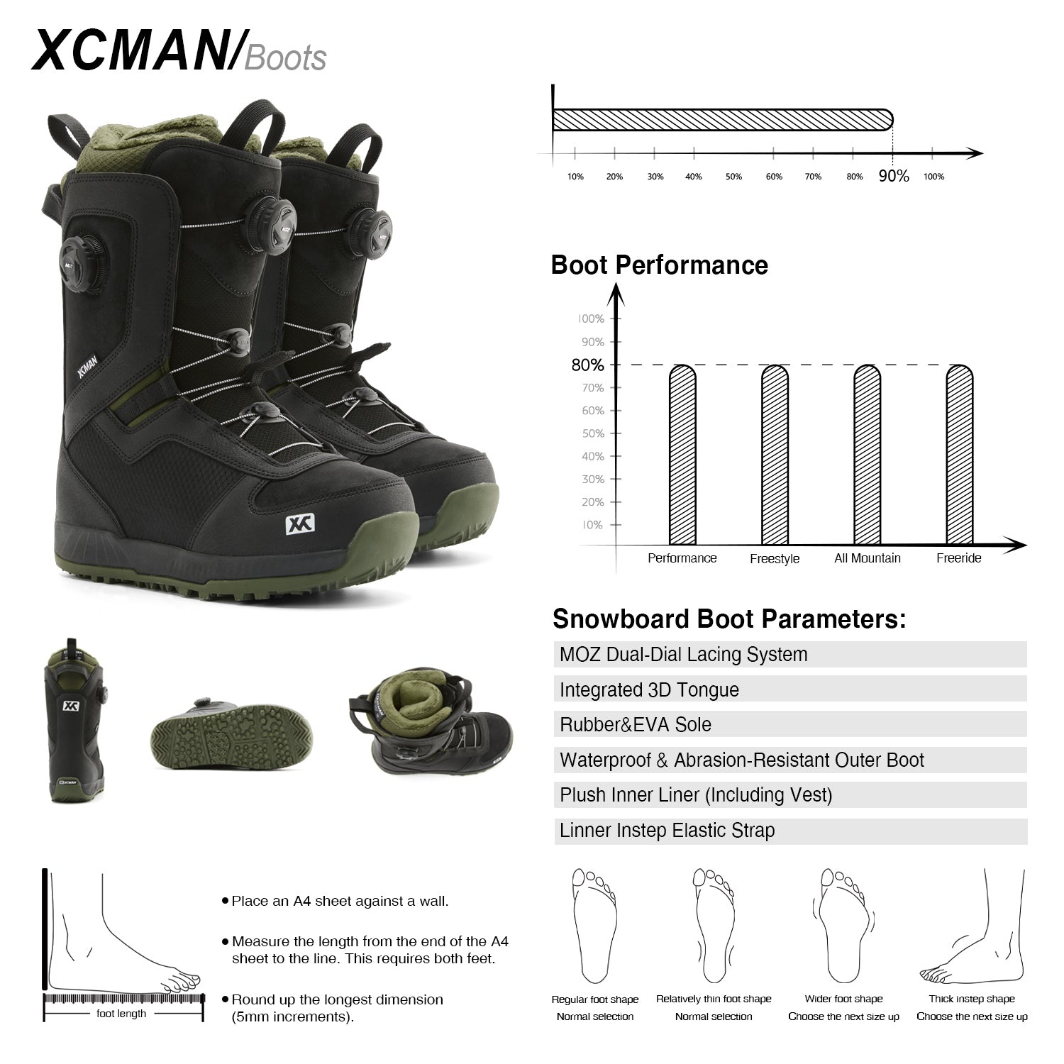 XCMAN NOX-I Snowboard Boots technical performance charts, flex rating, and foot measurement sizing guide