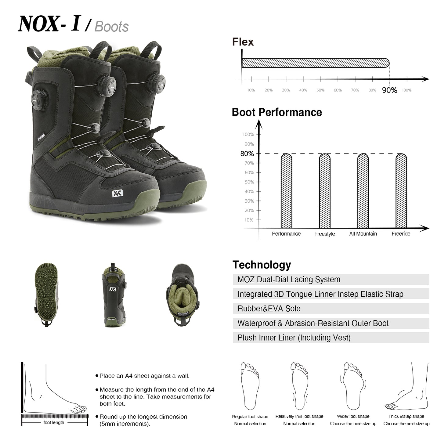 Feature and sizing chart for the XCMAN Nox-I boots