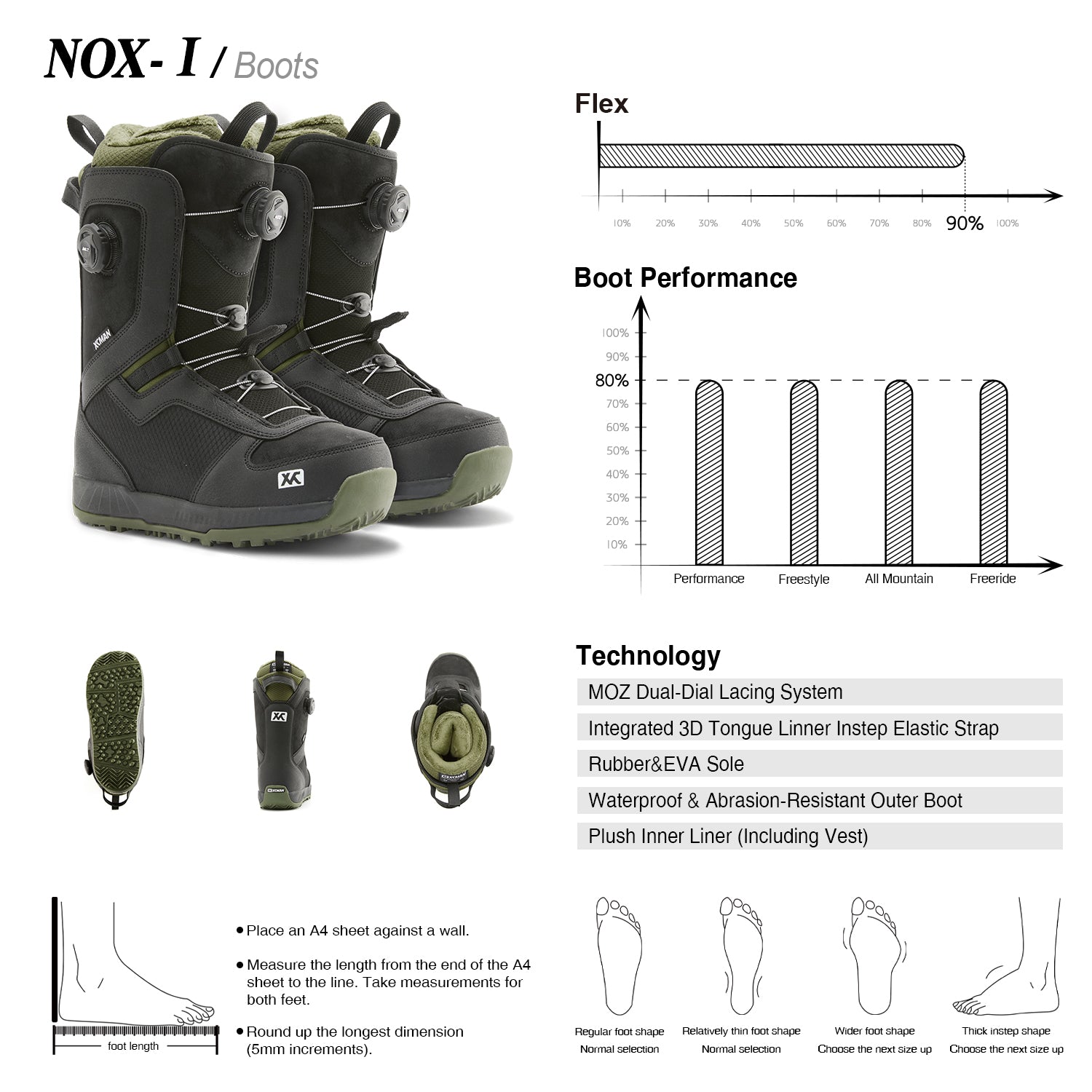 Feature and sizing chart for the XCMAN Nox-I boots
