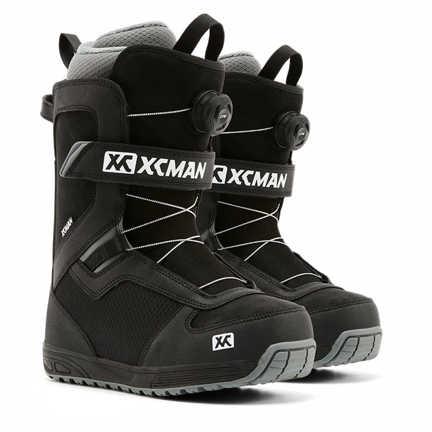 Pair of XCMAN NOX-II All-Mountain Snowboard Boots in black and grey featuring single dial luring system and ankle strap