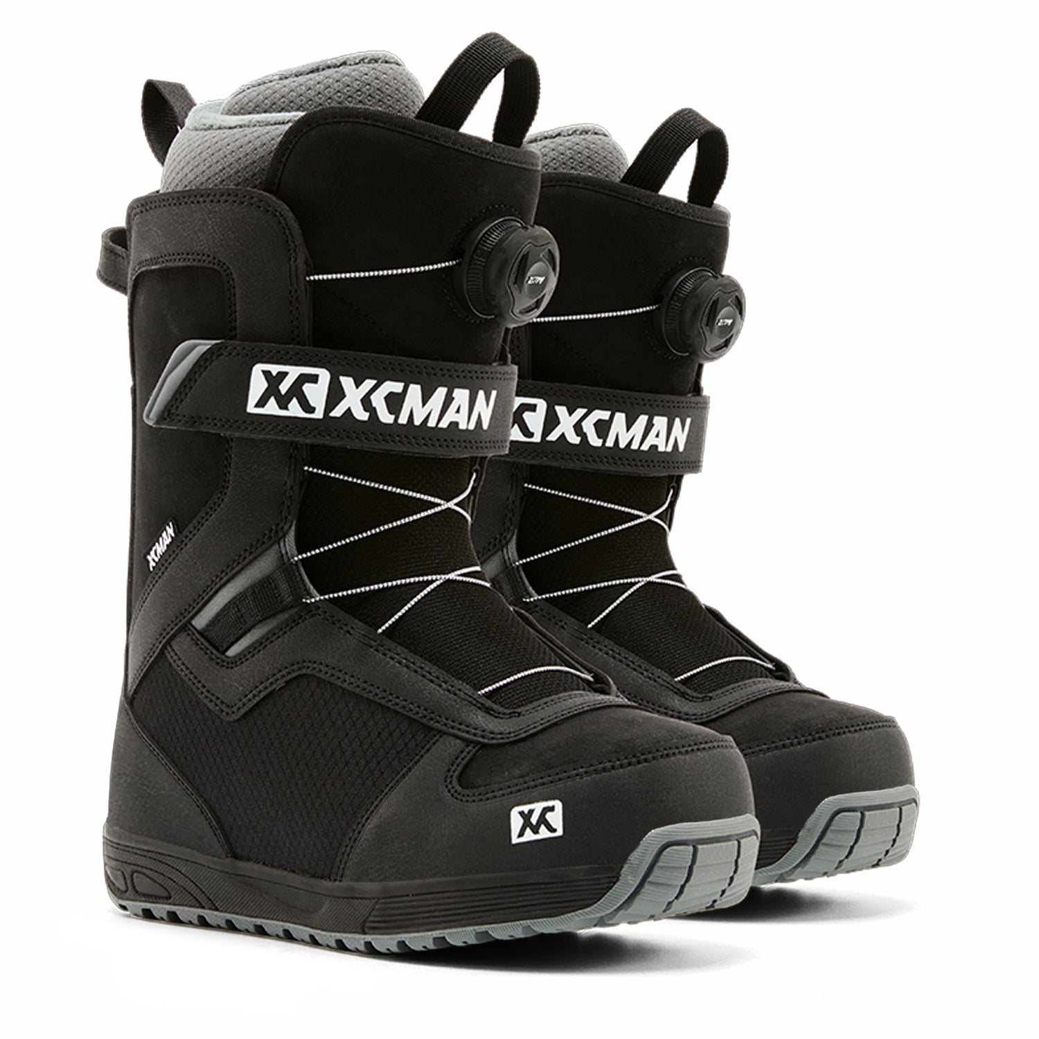 Pair of XCMAN NOX-II All-Mountain Snowboard Boots in black and grey featuring single dial luring system and ankle strap
