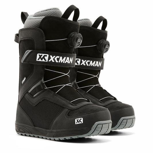 Pair of XCMAN NOX-II All-Mountain Snowboard Boots in black and grey featuring single dial luring system and ankle strap