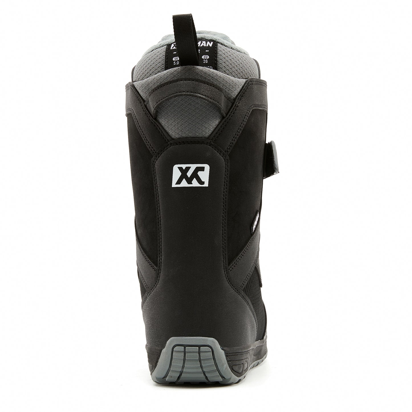 Rear heel view of XCMAN NOX-II snowboard boots highlighting the supportive backstay and branding logo