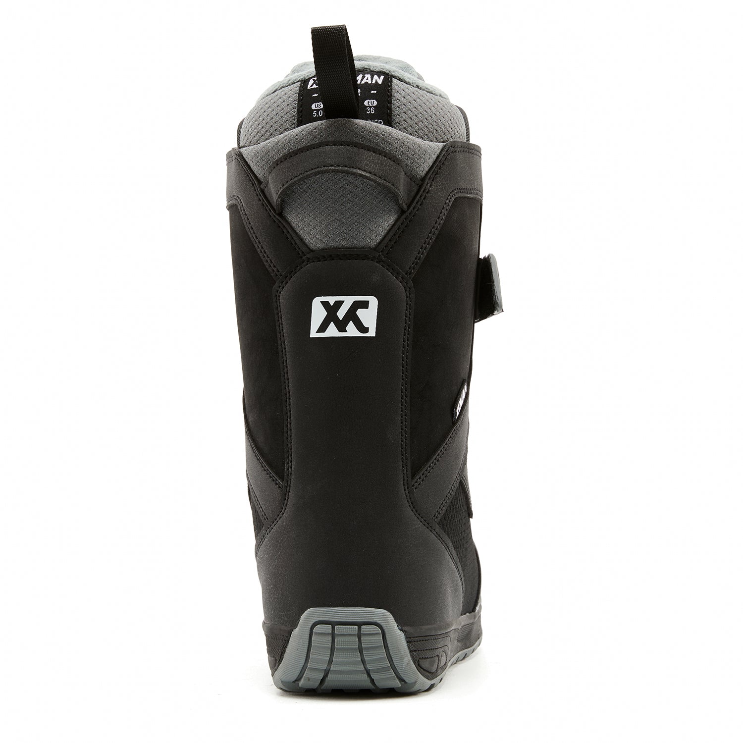 Rear heel view of XCMAN NOX-II snowboard boots highlighting the supportive backstay and branding logo