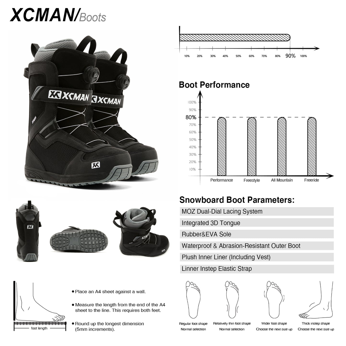 XCMAN NOX-II Snowboard Boots technical performance charts, flex rating, and foot measurement sizing guide