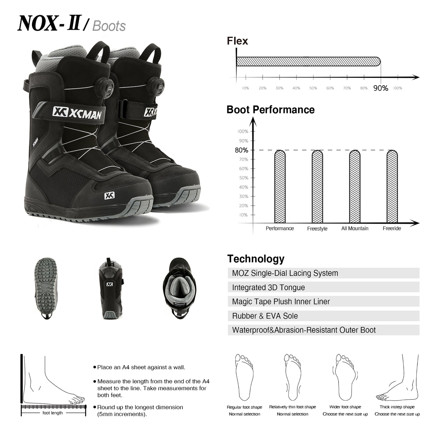 Feature and sizing chart for the XCMAN Nox-II boots highlighting the MOZ dial system
