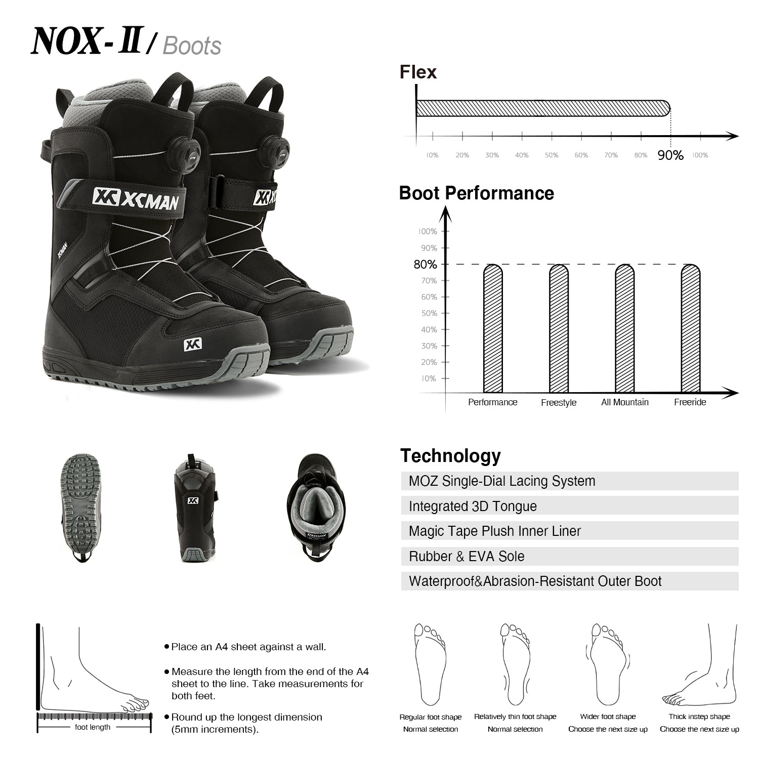 Feature and sizing chart for the XCMAN Nox-II boots