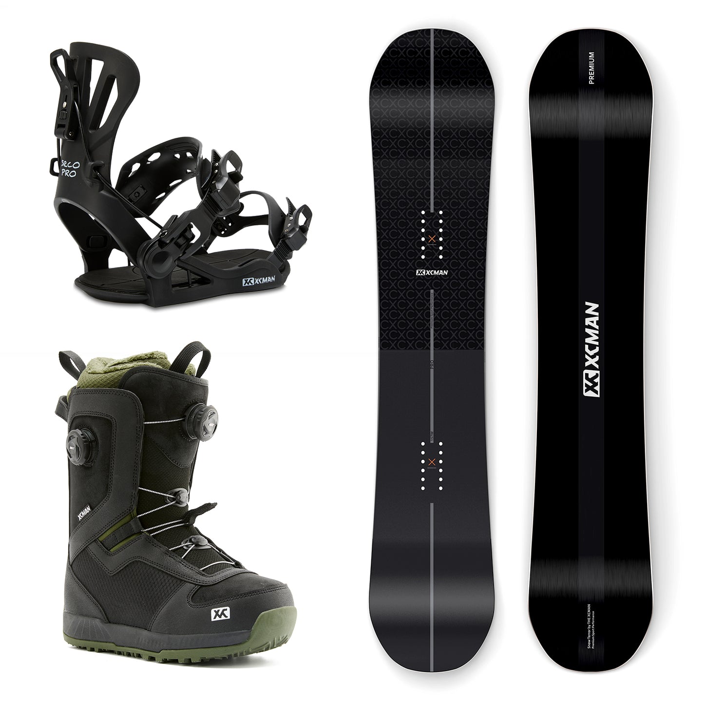 XCMAN Quantum Fissure Snowboard Package including the snowboard, black 360 Seco Pro bindings, and Nox-I boots