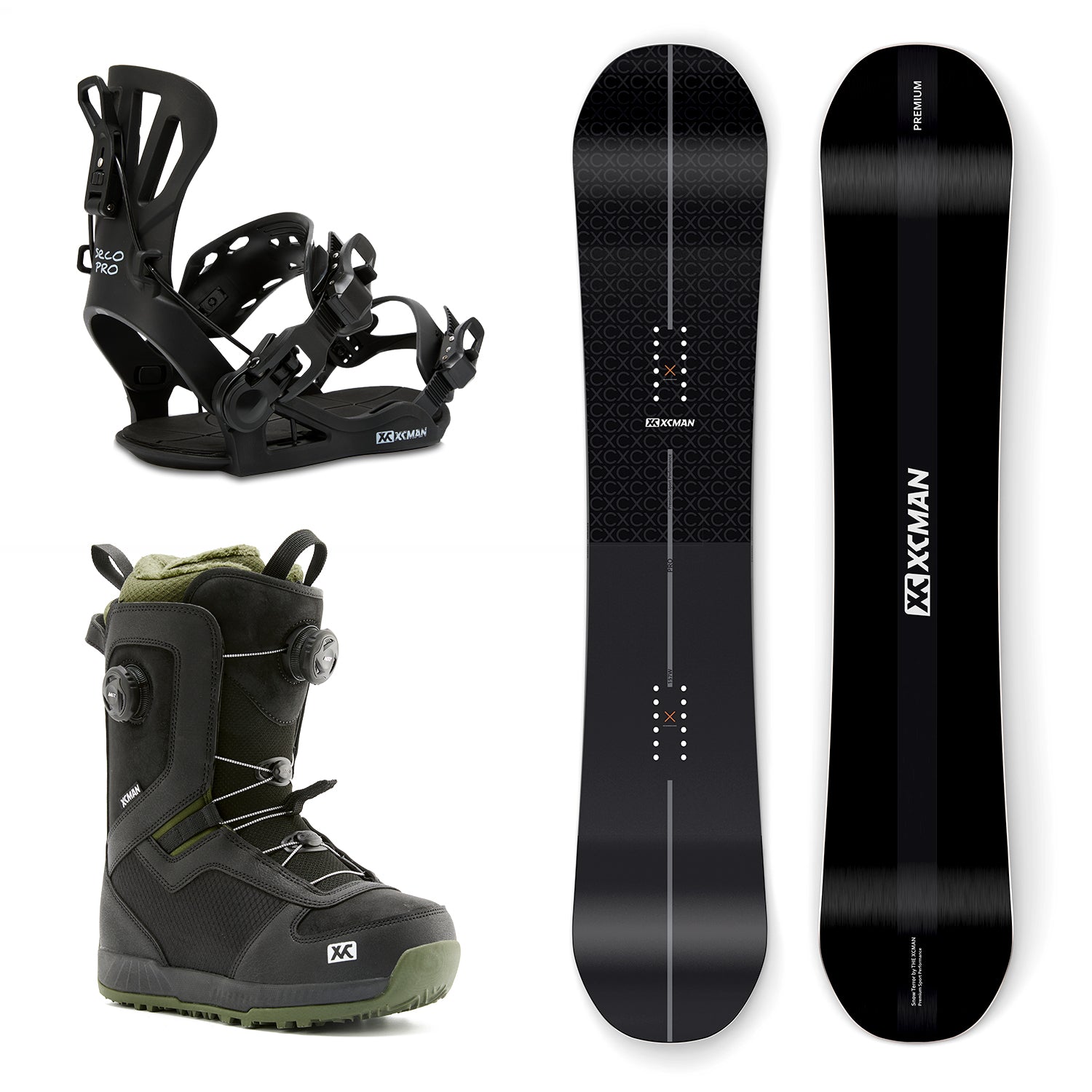 XCMAN Quantum Fissure Snowboard Package including the snowboard, black 360 Seco Pro bindings, and Nox-I boots