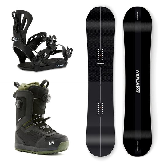 XCMAN Quantum Fissure Snowboard Package including the snowboard, black 360 Seco Pro bindings, and Nox-I boots