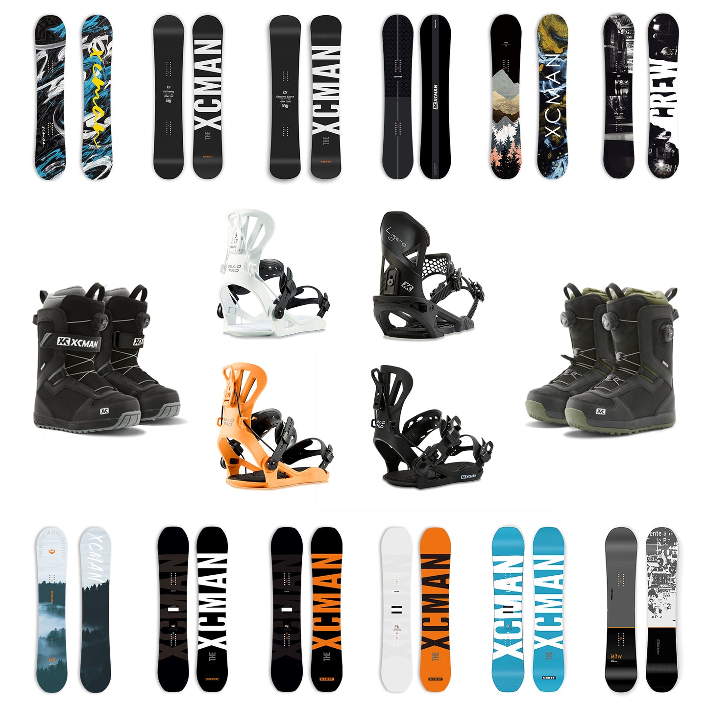 Product collection grid showcasing various XCMAN snowboards, bindings, and boot packages available for all-terrain riding and freestyle progression