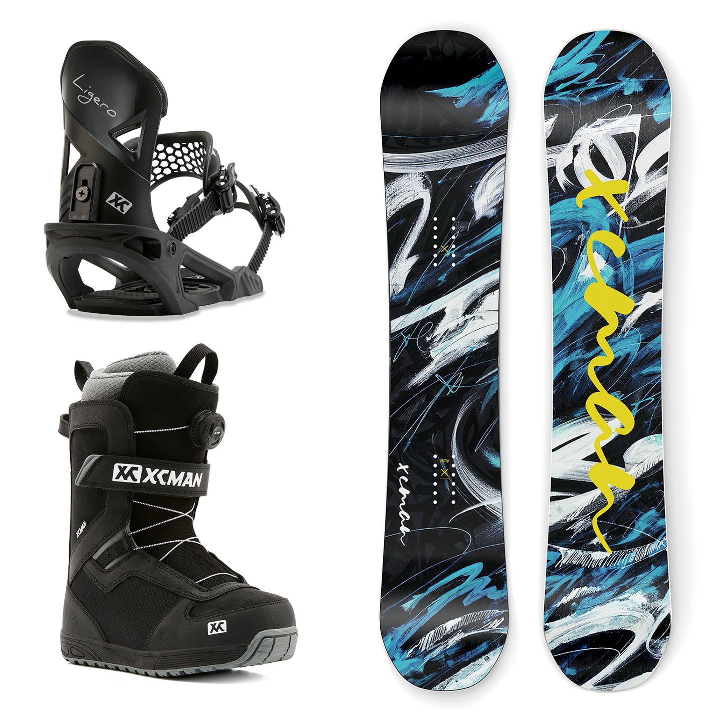 XCMAN Snowstorm Night Snowboard Package including the snowboard, Ligero bindings, and Nox-II boots
