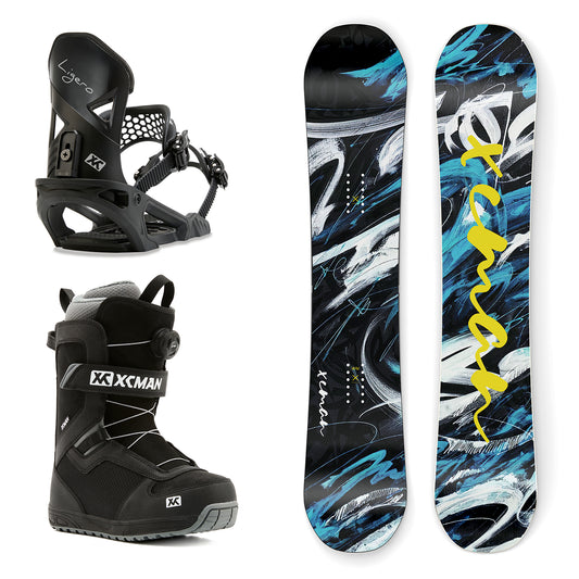 XCMAN Snowstorm Night Snowboard Package including the snowboard, Ligero bindings, and Nox-II boots