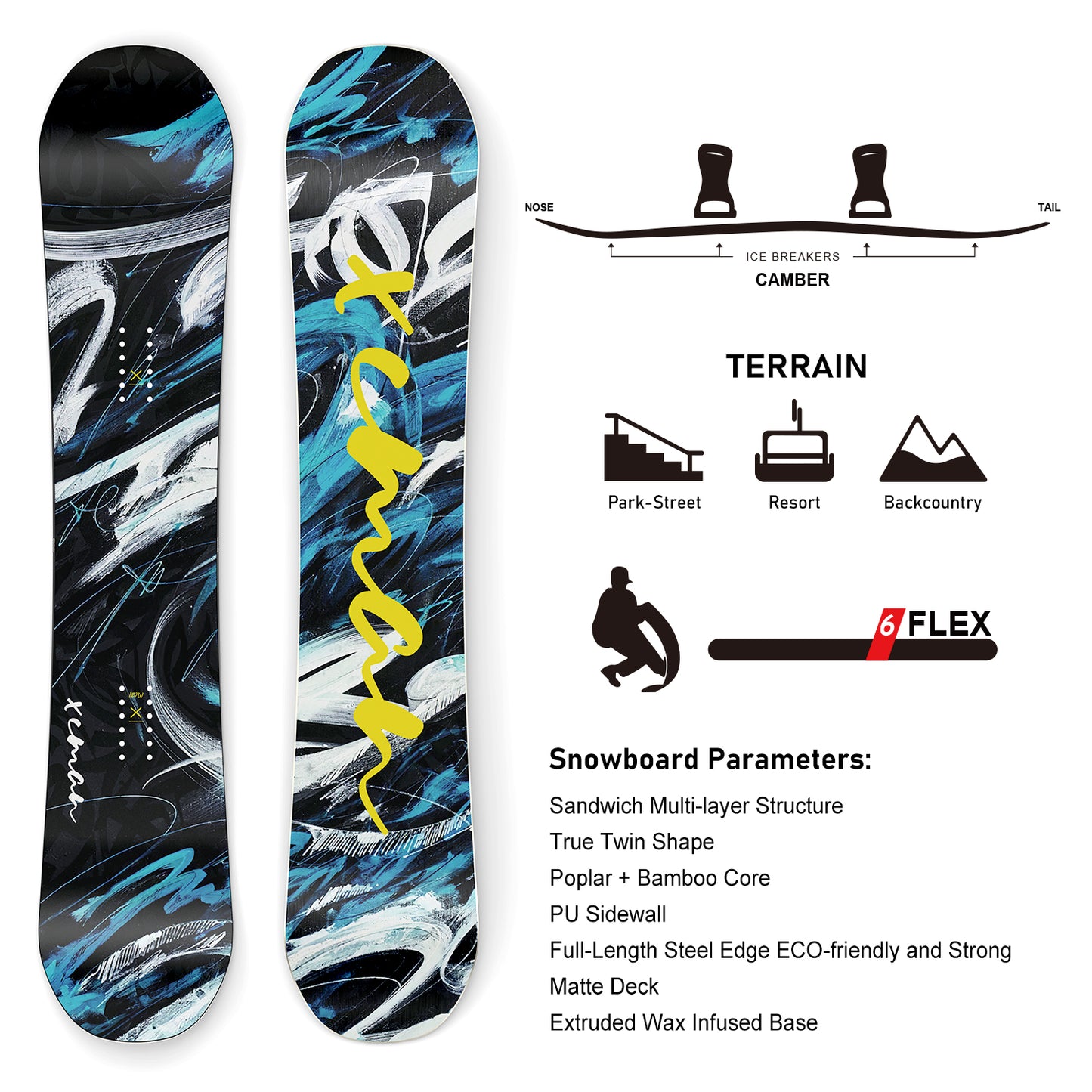 Specification infographic for the XCMAN Snowstorm Night snowboard