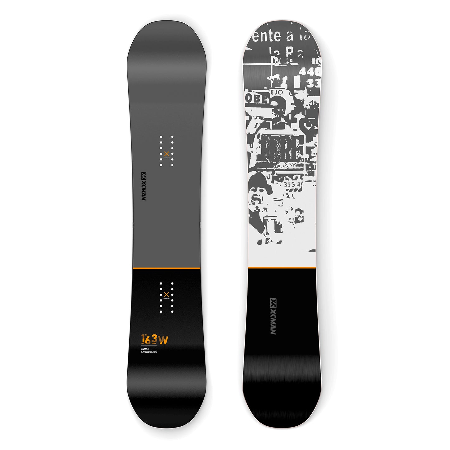 XCMAN Men's The Lost Era All Mountain Snowboard shown from both top and bottom views, featuring a black topsheet and a base with detailed graphic design