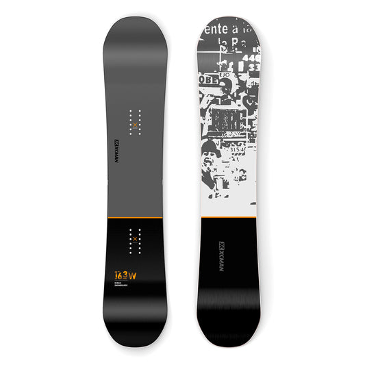 XCMAN Men's The Lost Era All Mountain Snowboard shown from both top and bottom views, featuring a black topsheet and a base with detailed graphic design