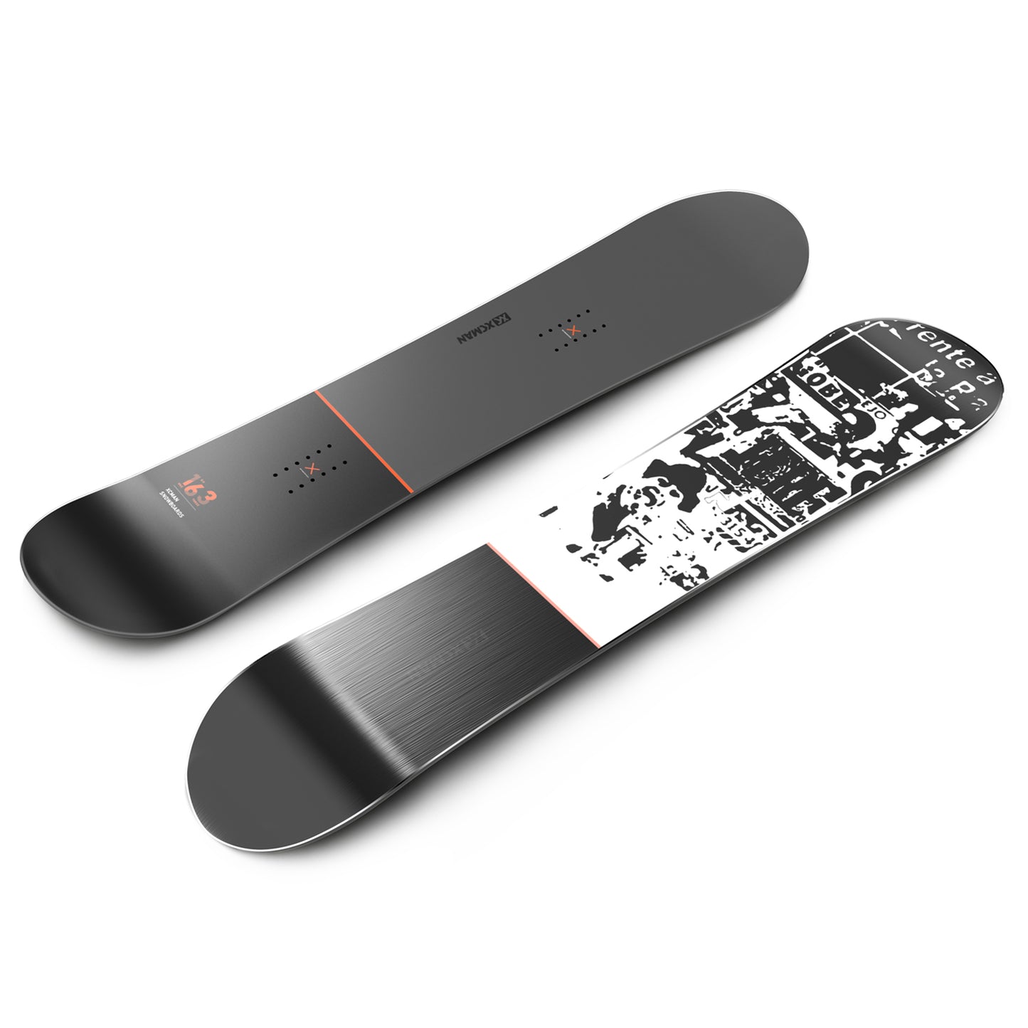 Angled view of the XCMAN The Lost Era snowboard showcasing its matte deck and shape